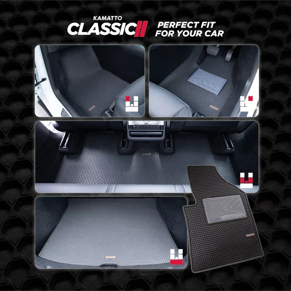 Car floor mats with Kamatto Classic branding on a textured black background