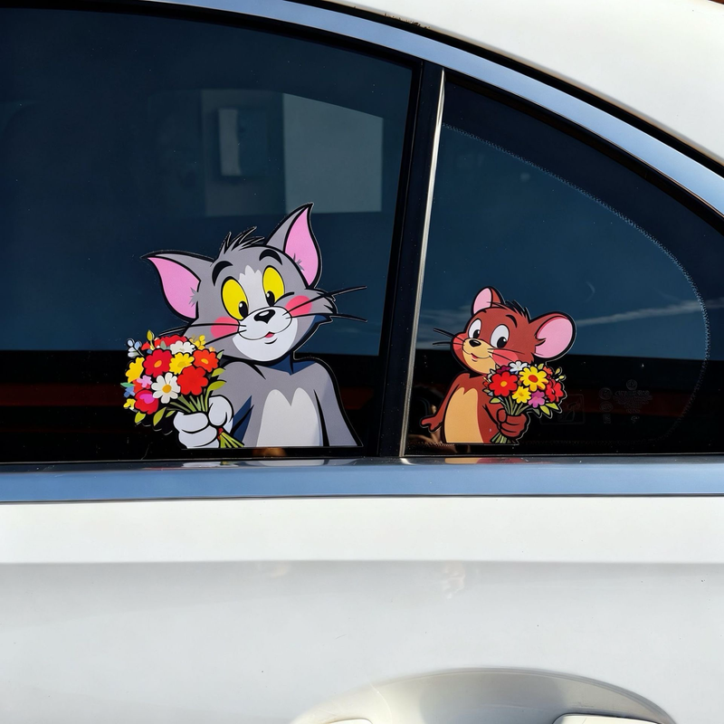 High-definition Tom and Jerry 3D car window stickers with flowers on a white vehicle.