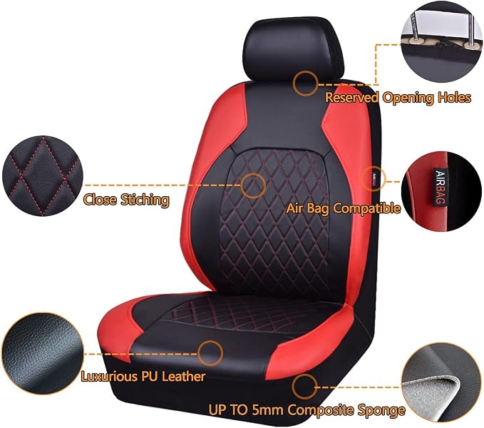 Universal Faux Leather Seat Covers — Full Set — Black / Red