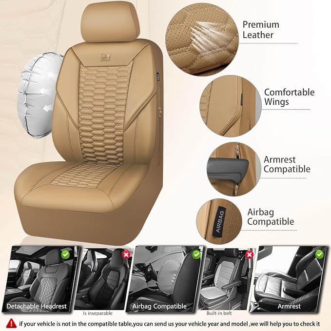 Universal Faux Leather Seat Covers — Full Set — Tan / Beige
