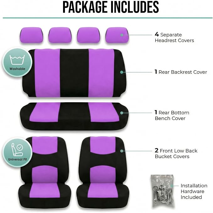 Universal Fabric Seat Covers — Full Set — Purple