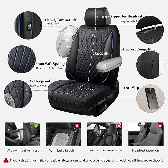 Universal Faux Leather Seat Covers — Front Seat — Black / Blue
