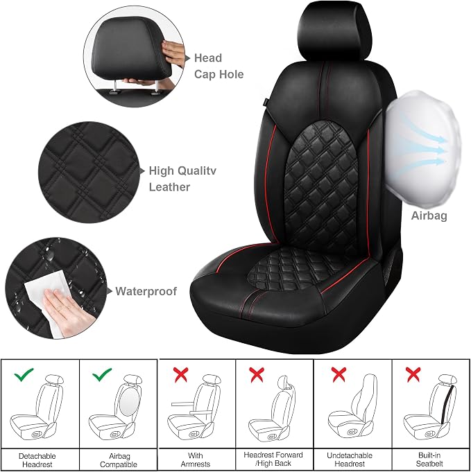 Universal Faux Leather Seat Covers — Full Set — Black / Red