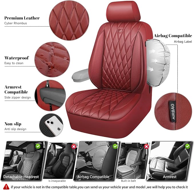 Universal Faux Leather Seat Covers — Front Seat — Burgundy / Red