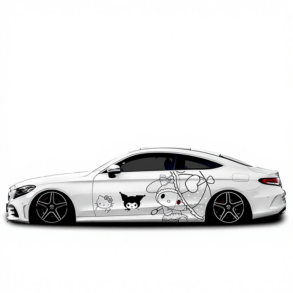 White car with cartoon character decals on a white background