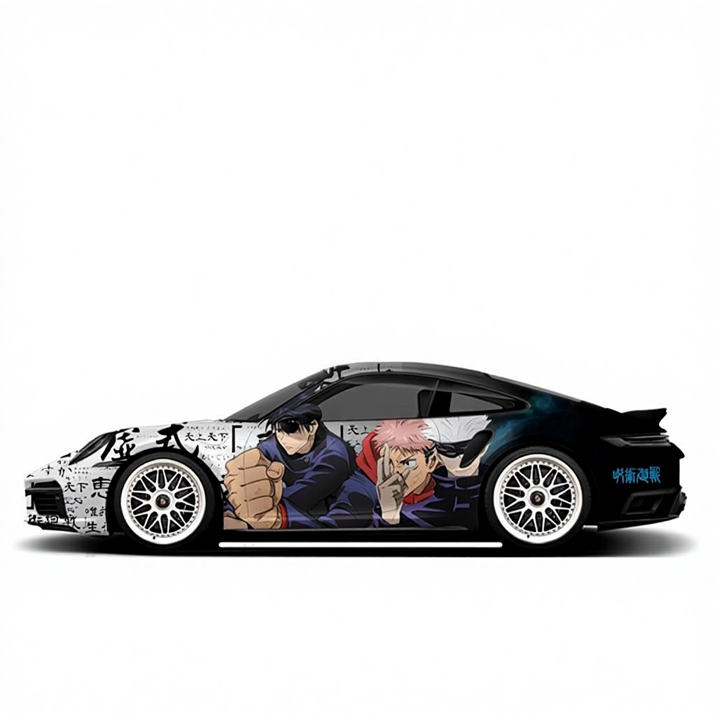 Car with anime-themed design on a white background