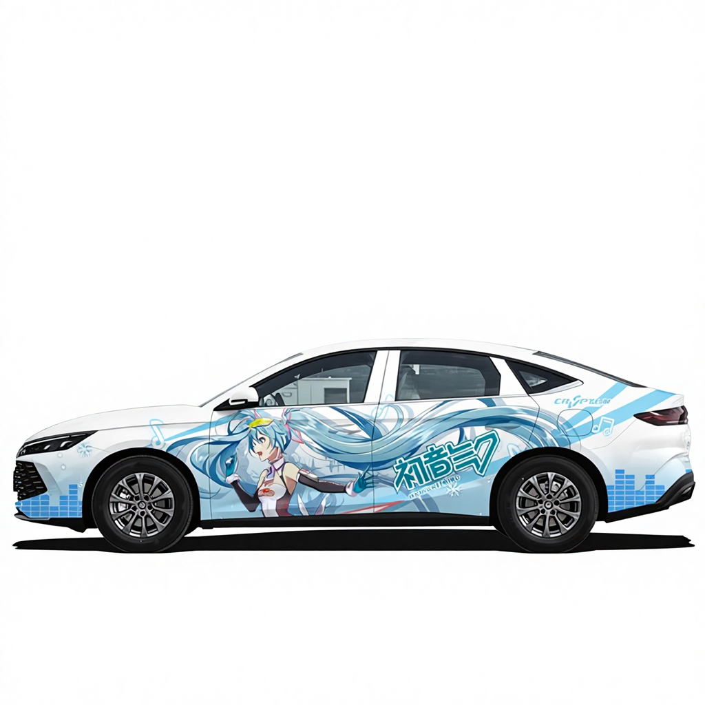 Car with anime character and branding on a white background