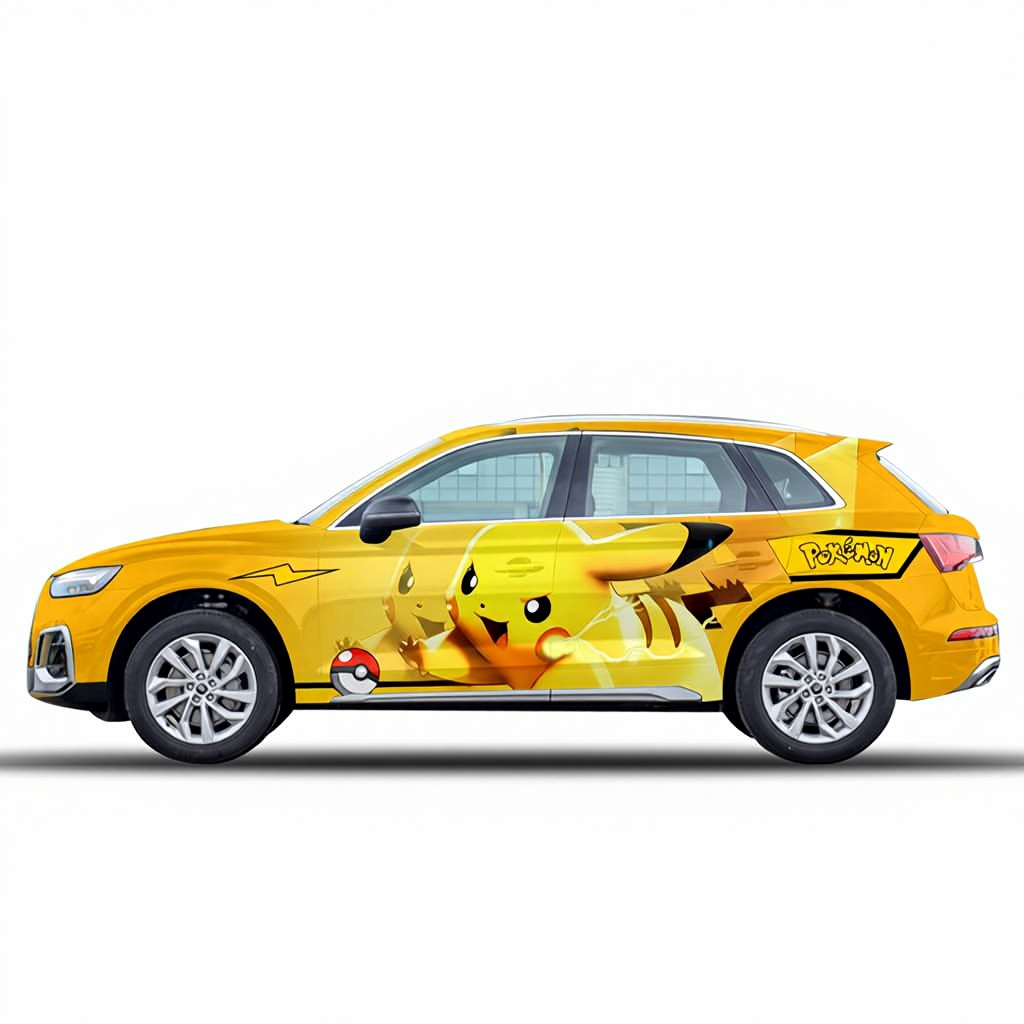 Yellow car with Pikachu design on a white background