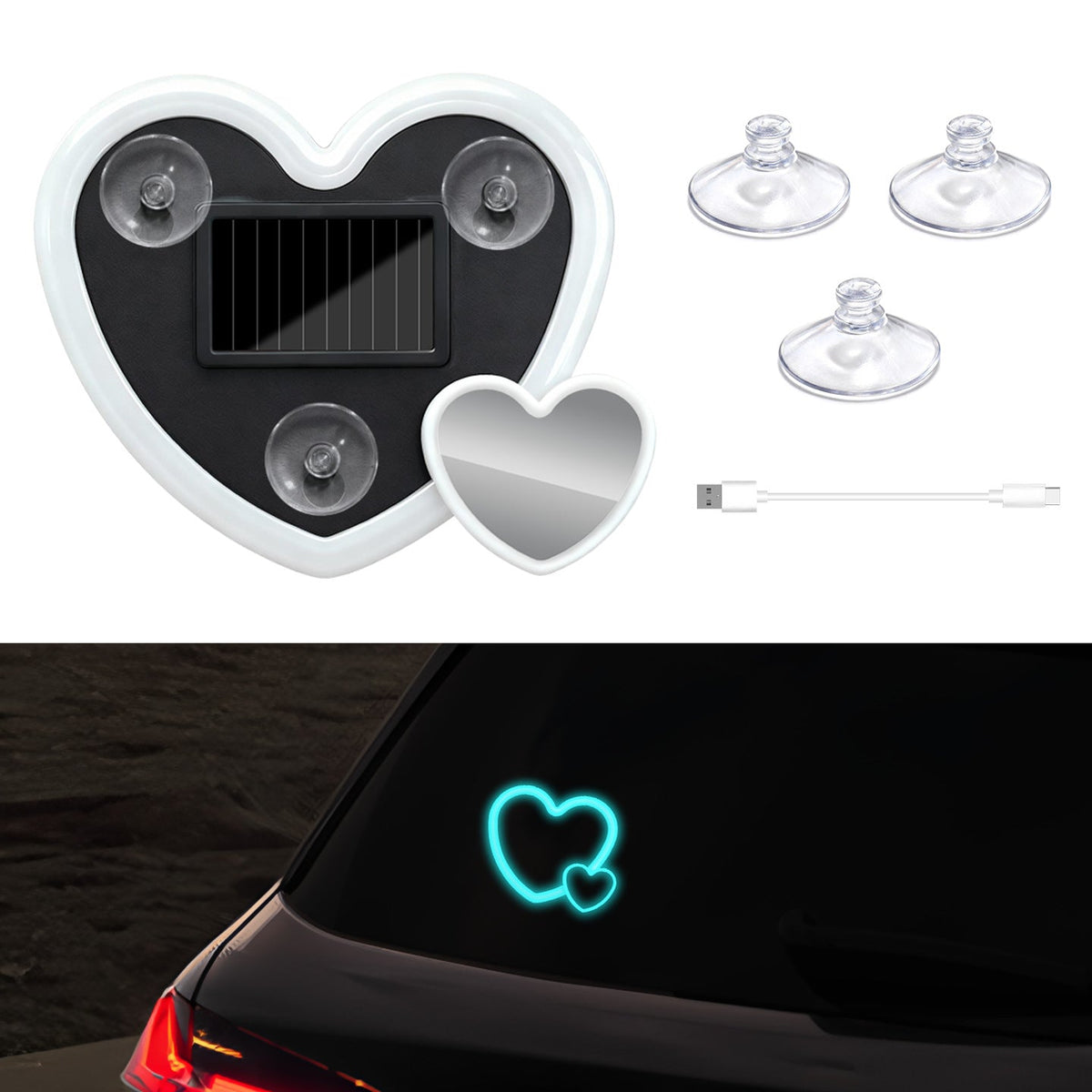 Solar-Powered Wireless Heart-Shaped LED Car Interior Neon Glow – Heart Atmosphere C-Pillar Light & Window Decoration