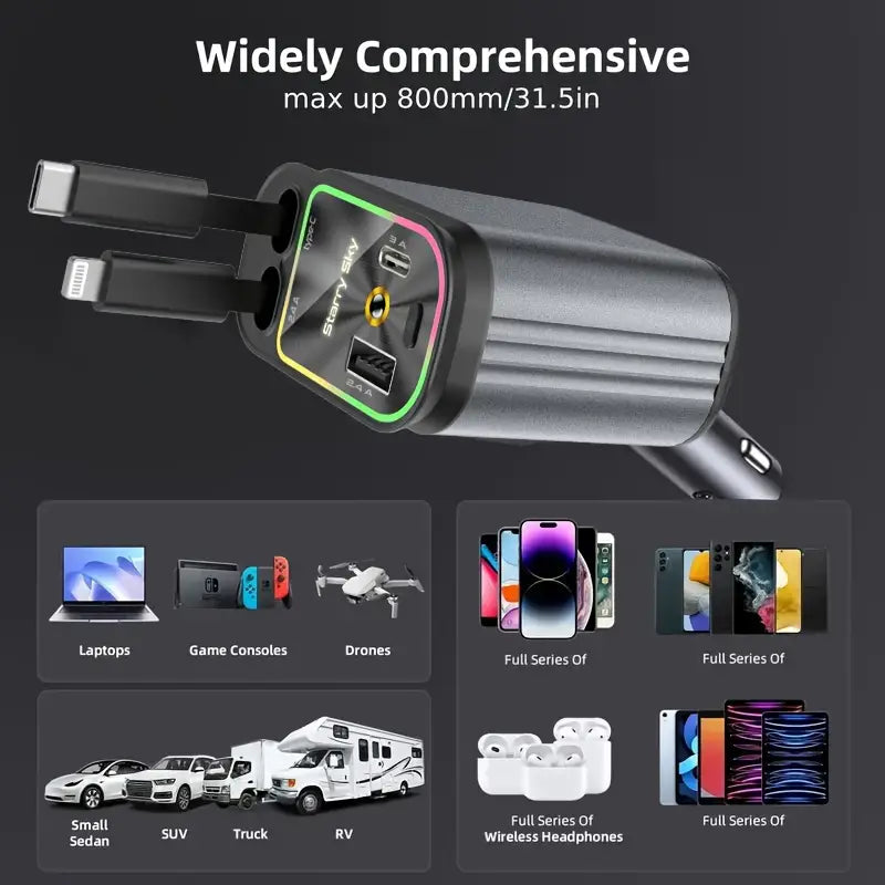 66W 4-in-1 Retractable Car Charger With Star Projector 2d55b9be-a2da-4582-9c67-ac1c564ca133
