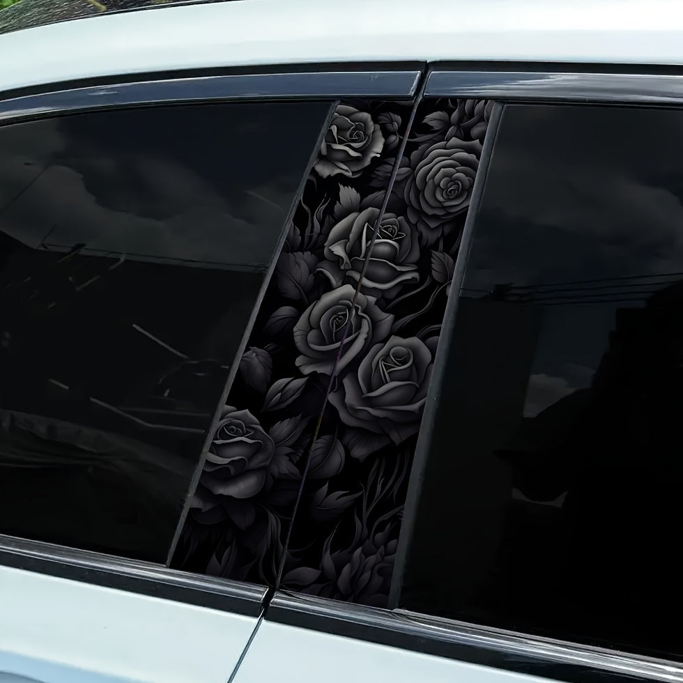 2pcs Black Rose  B-Pillar Stickers, Vinyl, Matte, No Glue Marks, Scratch- And Waterproof, Self-Adhesive