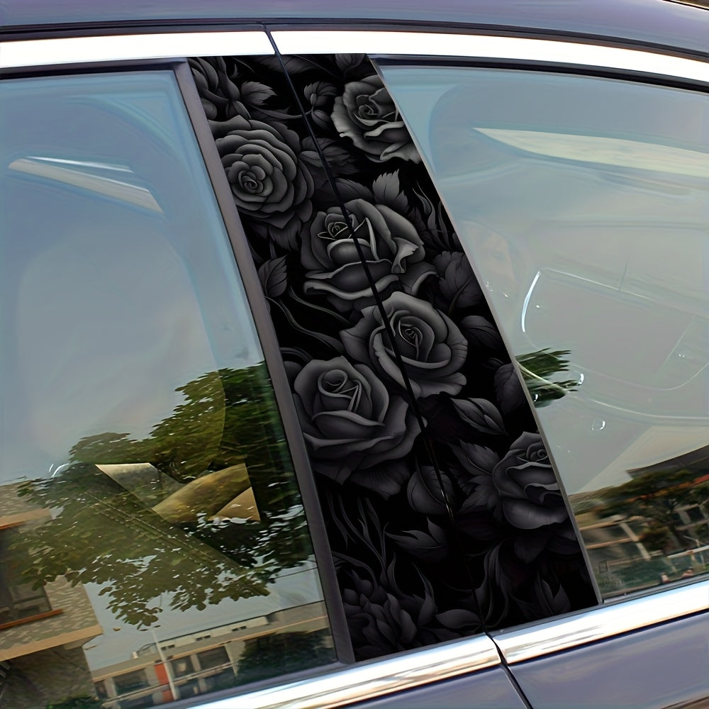 2pcs Black Rose  B-Pillar Stickers, Vinyl, Matte, No Glue Marks, Scratch- And Waterproof, Self-Adhesive