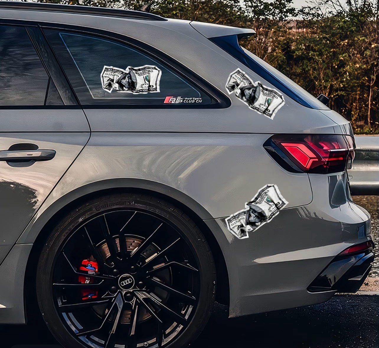 Funny Crumpled Money Decal on Silver Car Body and Rear Window