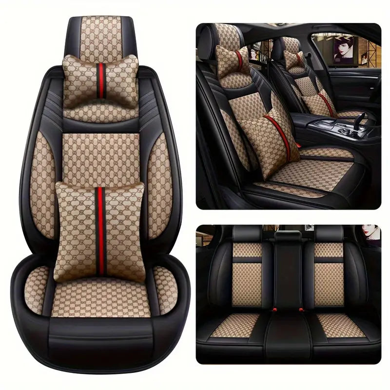 5-Seats Full Set Leather Car Seat Covers Universal Front Rear Protector Mat Pad Beige 57213330-75d6-4089-b255-fc3881fa9f93