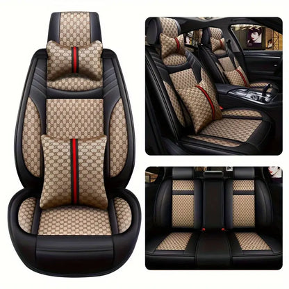 5-Seats Full Set Leather Car Seat Covers Universal Front Rear Protector Mat Pad Beige 57213330-75d6-4089-b255-fc3881fa9f93