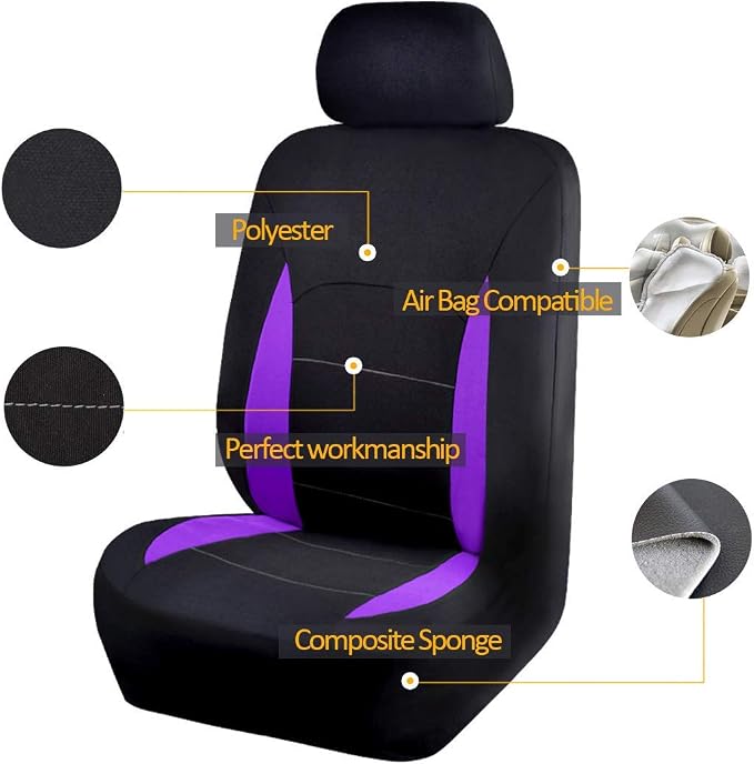 Fabric Car Seat Covers — Full Set — Black / Purple
