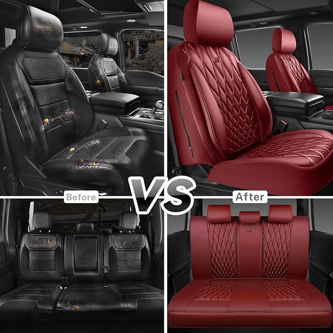 Universal Faux Leather Seat Covers — Full Set — Burgundy / Red