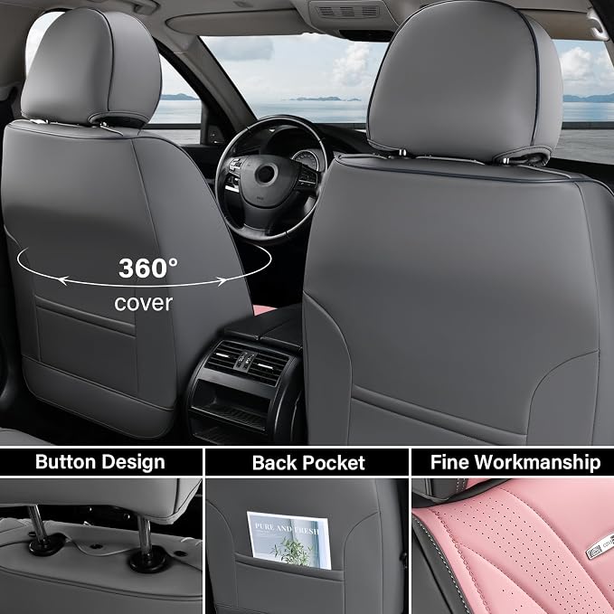 Universal Faux Leather Seat Covers — Full Set — Gray / Pink