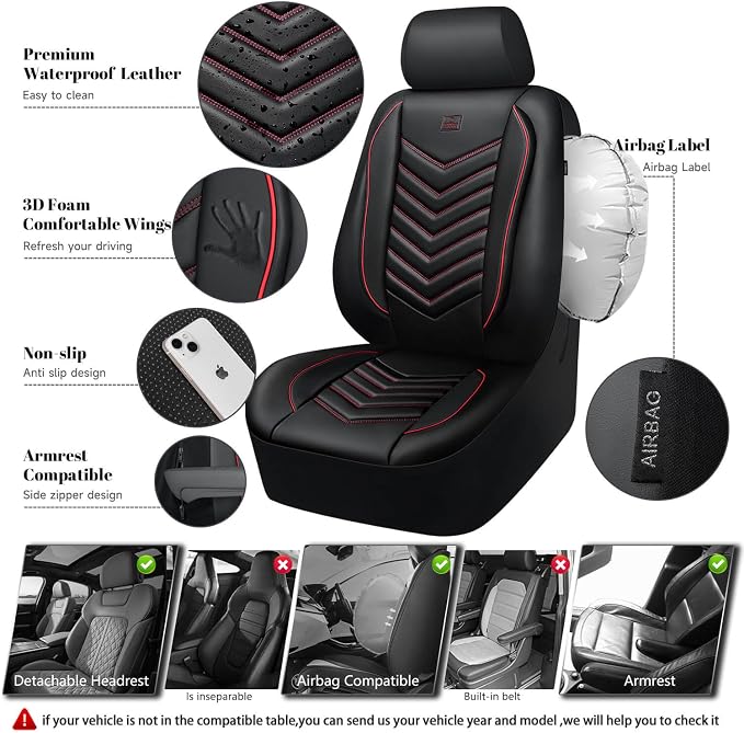 Universal Faux Leather Seat Covers — Front Seat — Black / Red
