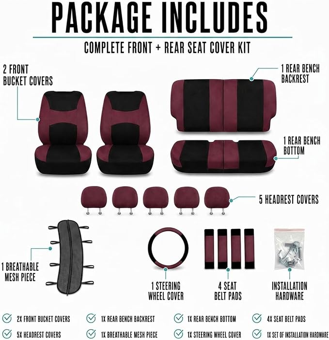 Universal Fabric Seat Covers — Full Set — Burgundy
