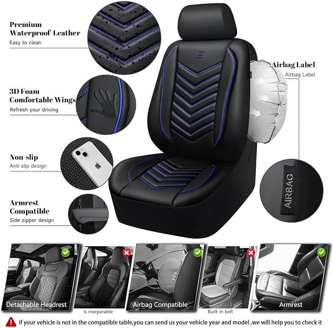 Universal Faux Leather Seat Covers — Full Set — Black / Blue