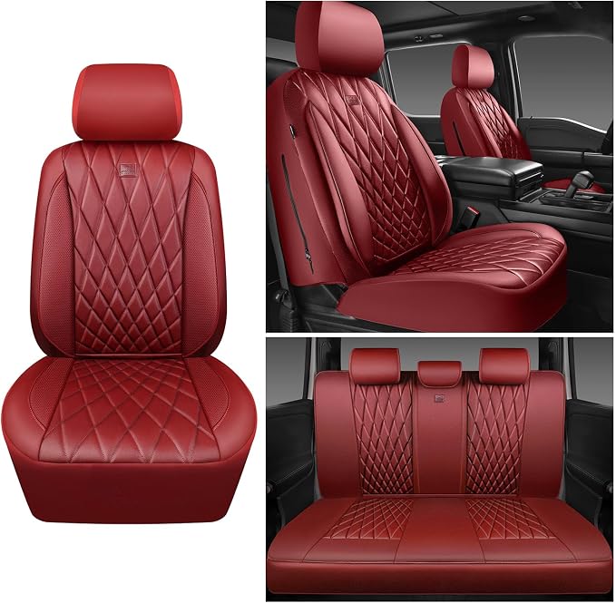 Universal Faux Leather Seat Covers — Full Set — Burgundy / Red