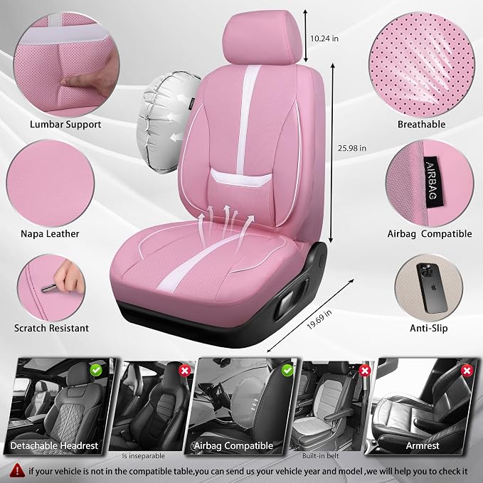 Universal Faux Leather Seat Covers — Front Seat — Pink / White