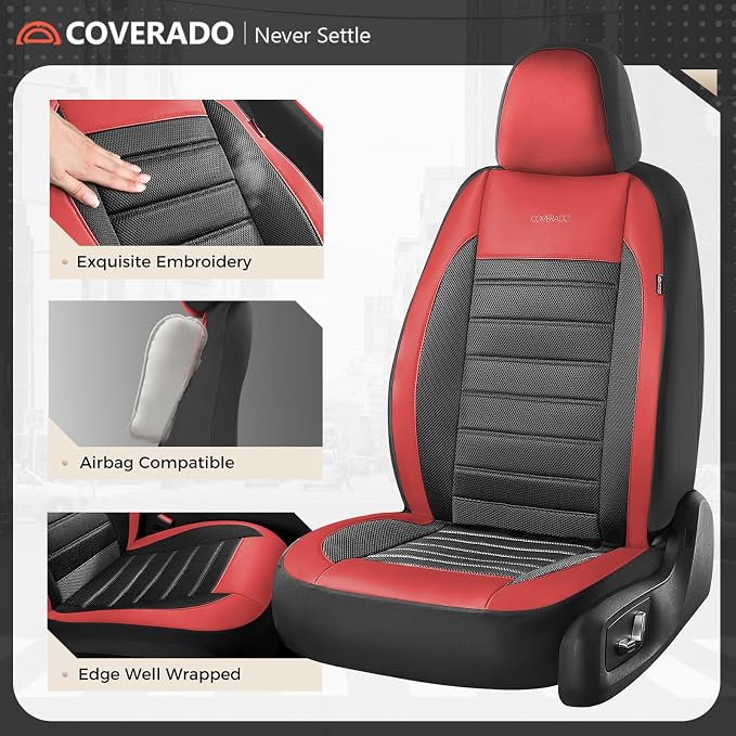 Fabric Car Seat Covers — Front Seat — Black / Red