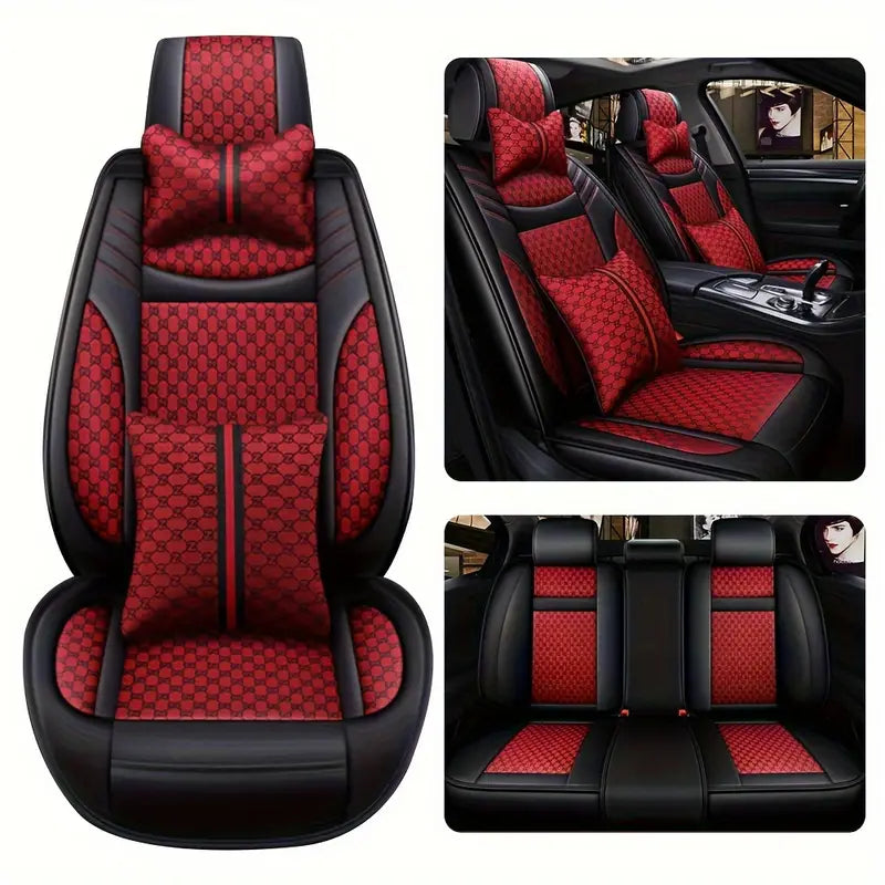 5-Seats Full Set Leather Car Seat Covers Universal Front Rear Protector Mat Pad Red 83e4c345-8087-45dc-bffe-933de349facd