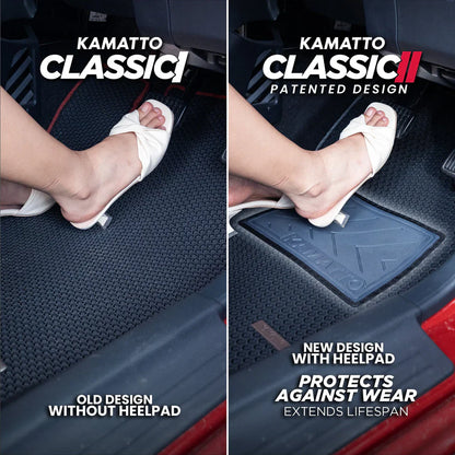 Comparison of Kamatto Classic car floor mats with and without a heel pad, showing a person stepping on them.