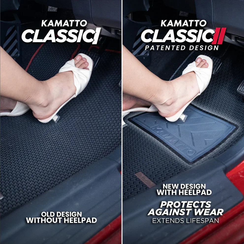 Comparison of Kamatto Classic car floor mats with and without a heel pad, showing a person stepping on them.