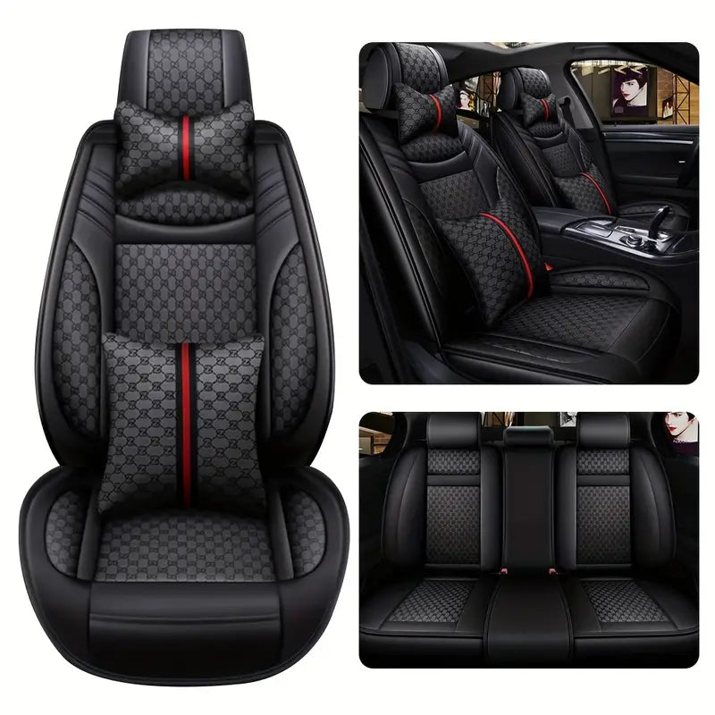 5-Seats Full Set Leather Car Seat Covers Universal Front Rear Protector Mat Pad Black 8b805610-80dd-4ca2-874b-1096efd1e7e1