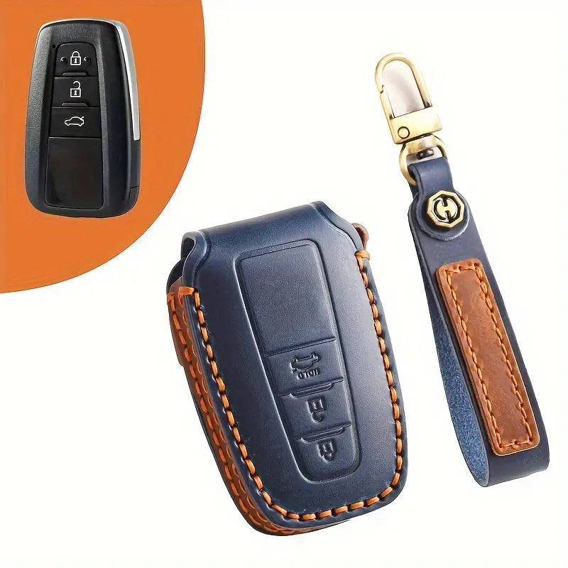 Premium Genuine Leather Key Fob Cover for Toyota Model 3 Blue 8f8246b6-ea7b-4a05-8a60-80d66e429eef