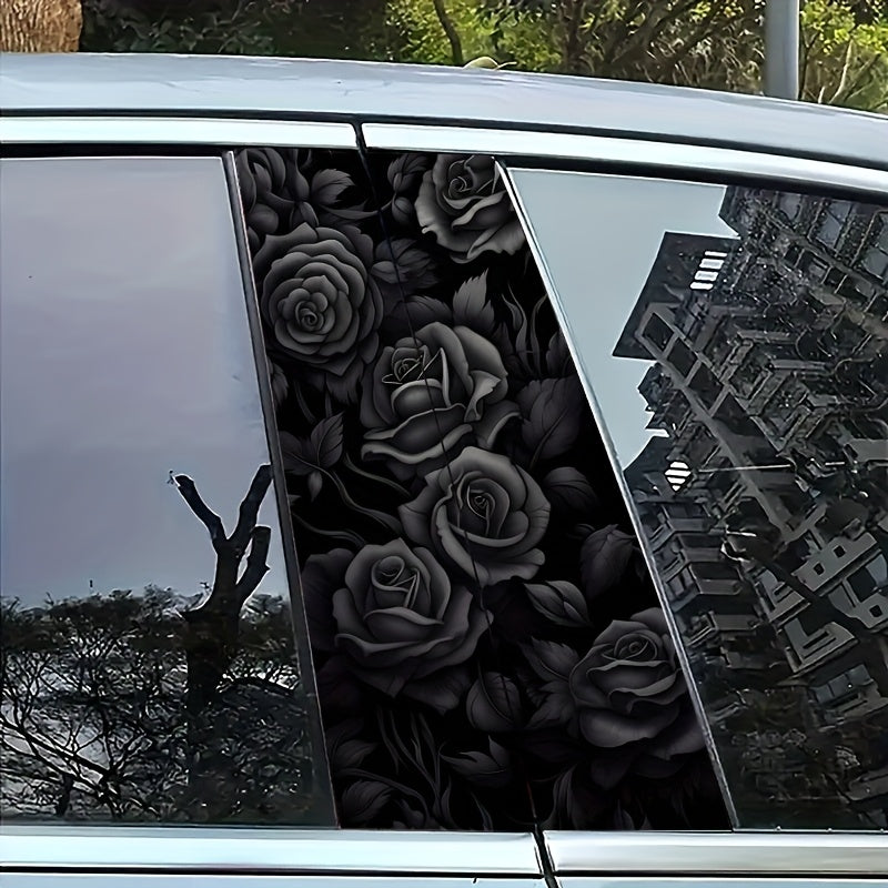 2pcs Black Rose  B-Pillar Stickers, Vinyl, Matte, No Glue Marks, Scratch- And Waterproof, Self-Adhesive