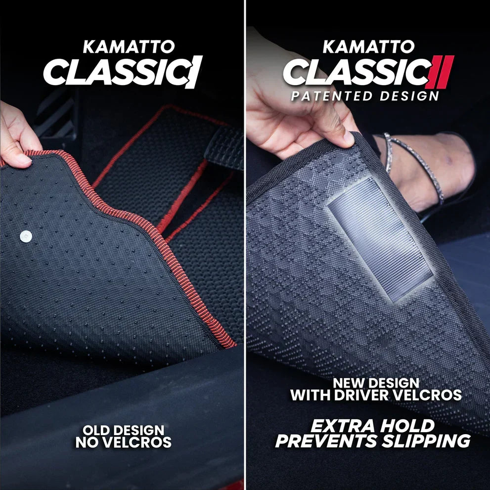 Comparison of Kamatto Classic car mat designs with and without driver velcros.