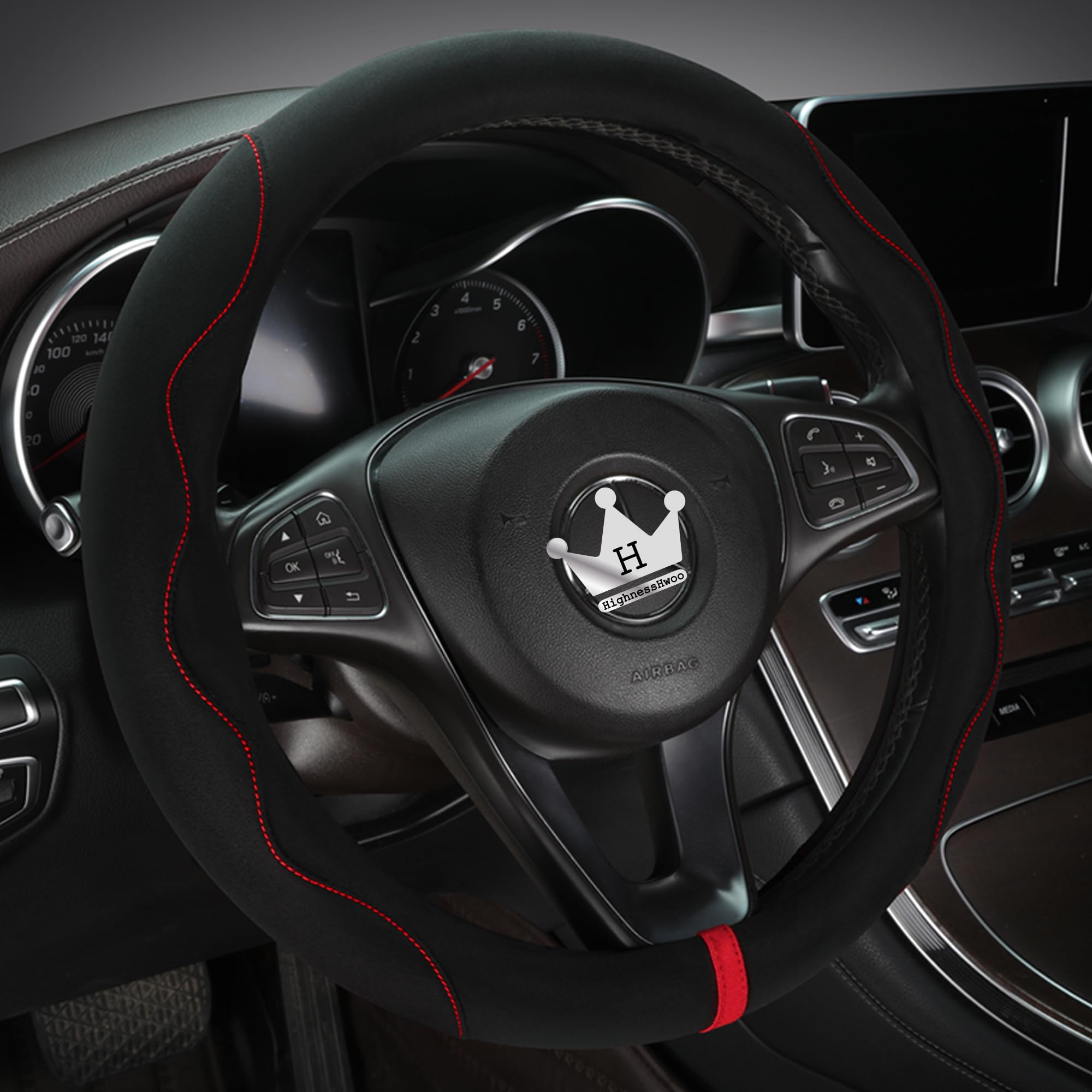Luxury Suede & Leather Steering Wheel Cover - Ultra-Thin Anti-Slip Grip (Universal Fit 14.5" - 15") Black+Red Layers Black_Large_Size_15.2-16__38.6-40.5cm__01_1