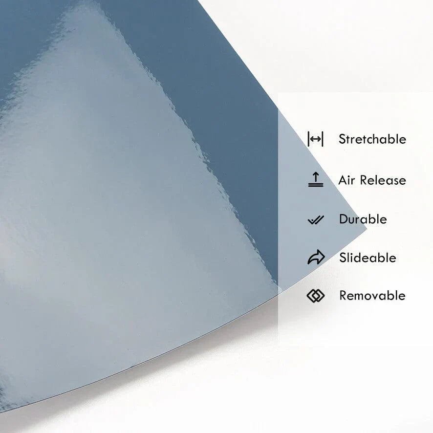 Blue stretchable material with text indicating features like stretchable, air release, durable, slideable, and removable.