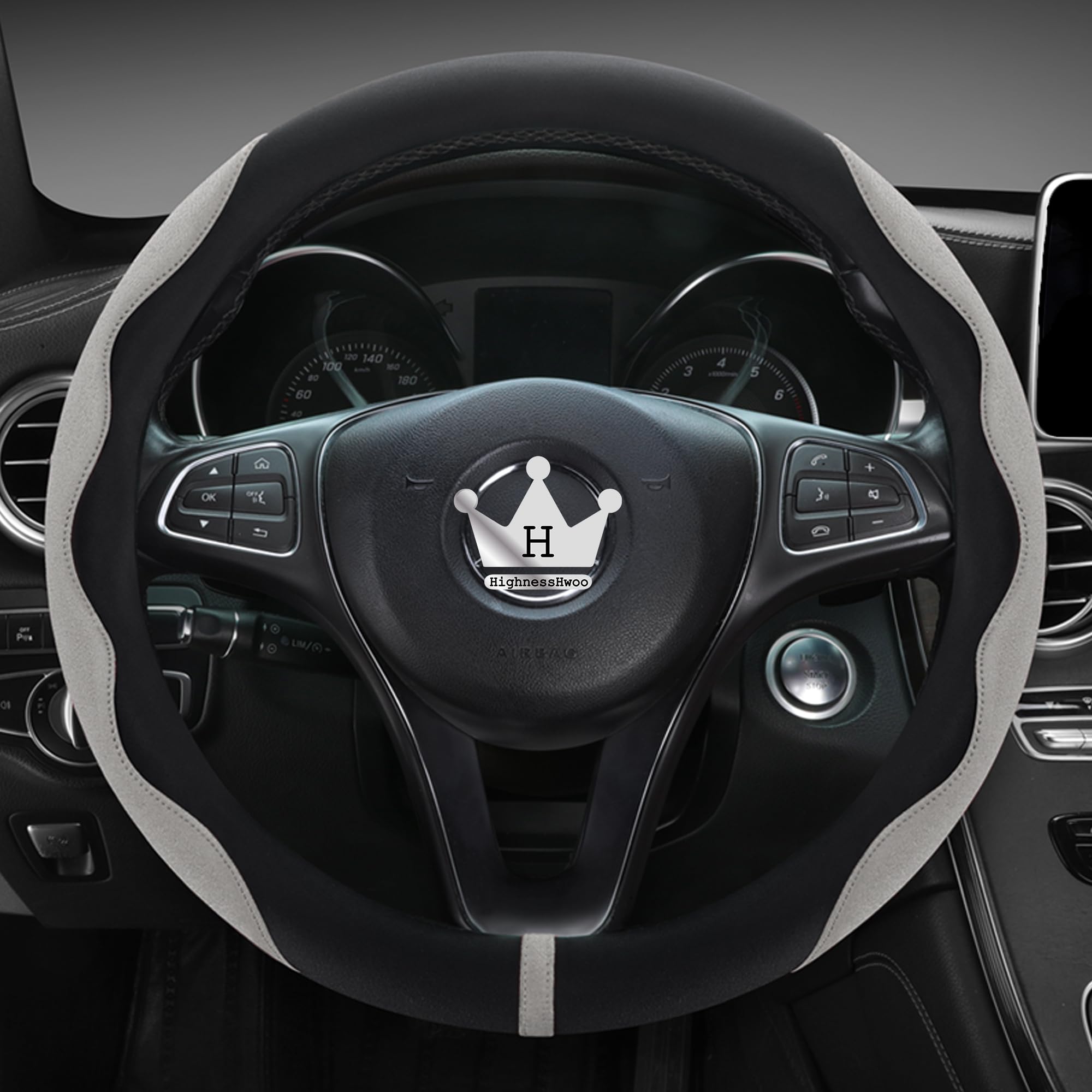 Luxury Suede & Leather Steering Wheel Cover - Ultra-Thin Anti-Slip Grip (Universal Fit 14.5" - 15") Gray+Black Gray_Black_Standard_Size_14.75-15.15__37.5-38.5cm__01_1