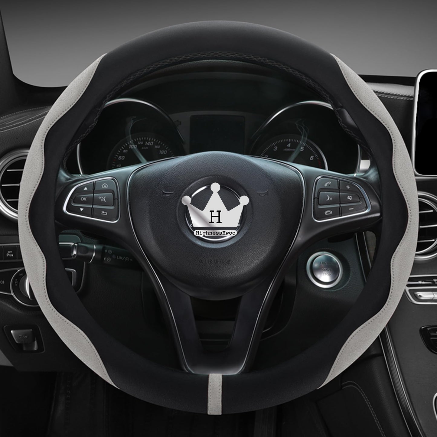 Luxury Suede & Leather Steering Wheel Cover - Ultra-Thin Anti-Slip Grip (Universal Fit 14.5" - 15") Gray+Black Gray_Black_Standard_Size_14.75-15.15__37.5-38.5cm__01_1