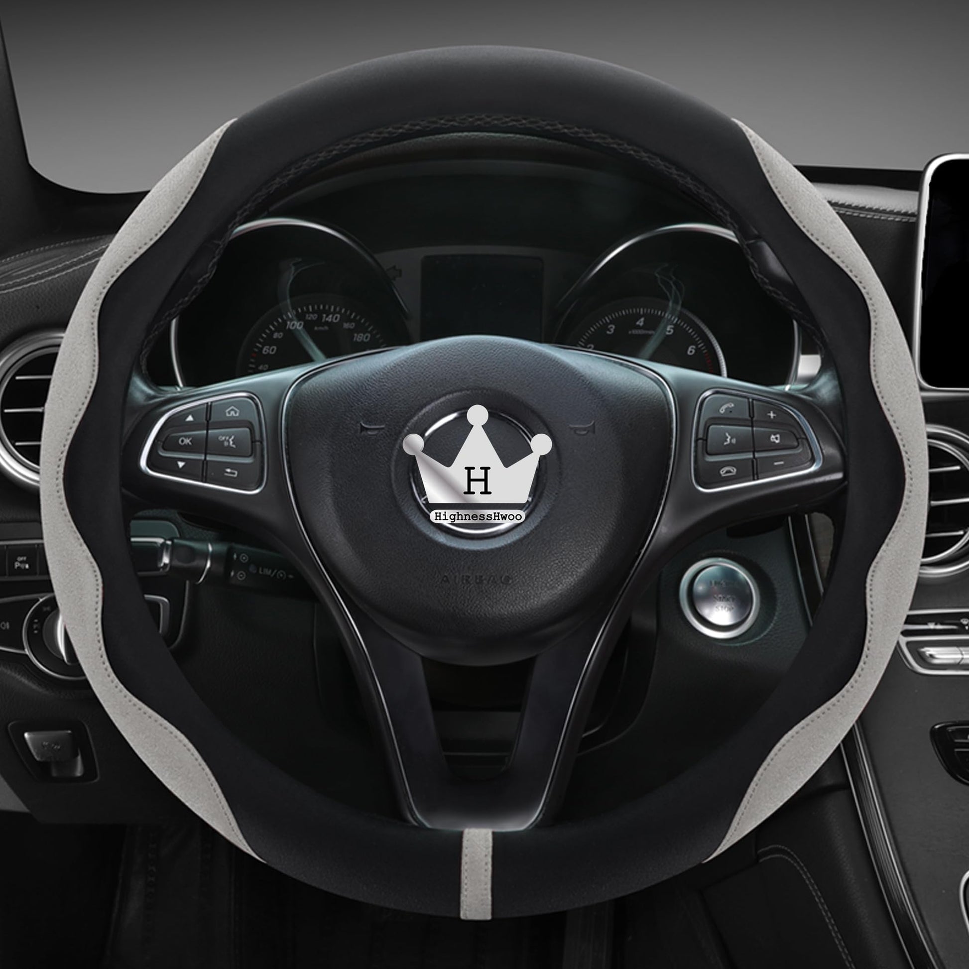 Luxury Suede & Leather Steering Wheel Cover - Ultra-Thin Anti-Slip Grip (Universal Fit 14.5" - 15") Gray+Black Gray_Black_Standard_Size_14.75-15.15__37.5-38.5cm__01_1