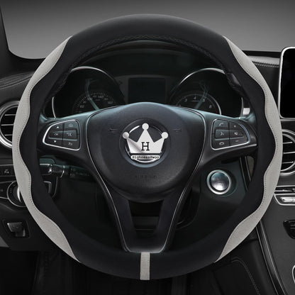 Luxury Suede & Leather Steering Wheel Cover - Ultra-Thin Anti-Slip Grip (Universal Fit 14.5" - 15") Gray+Black Gray_Black_Standard_Size_14.75-15.15__37.5-38.5cm__01_1
