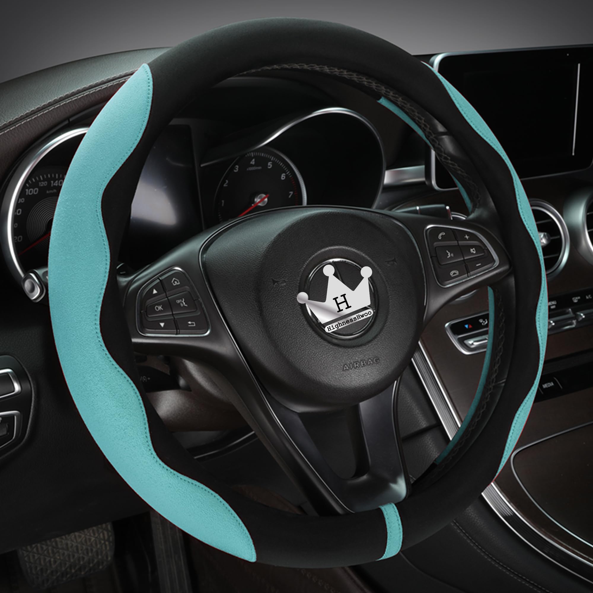 Luxury Suede & Leather Steering Wheel Cover - Ultra-Thin Anti-Slip Grip (Universal Fit 14.5" - 15") Green+Black Green_Black_Large_Size_15.2-16__38.6-40.5cm__01_1