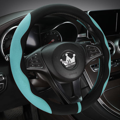 Luxury Suede & Leather Steering Wheel Cover - Ultra-Thin Anti-Slip Grip (Universal Fit 14.5" - 15") Green+Black Green_Black_Large_Size_15.2-16__38.6-40.5cm__01_1