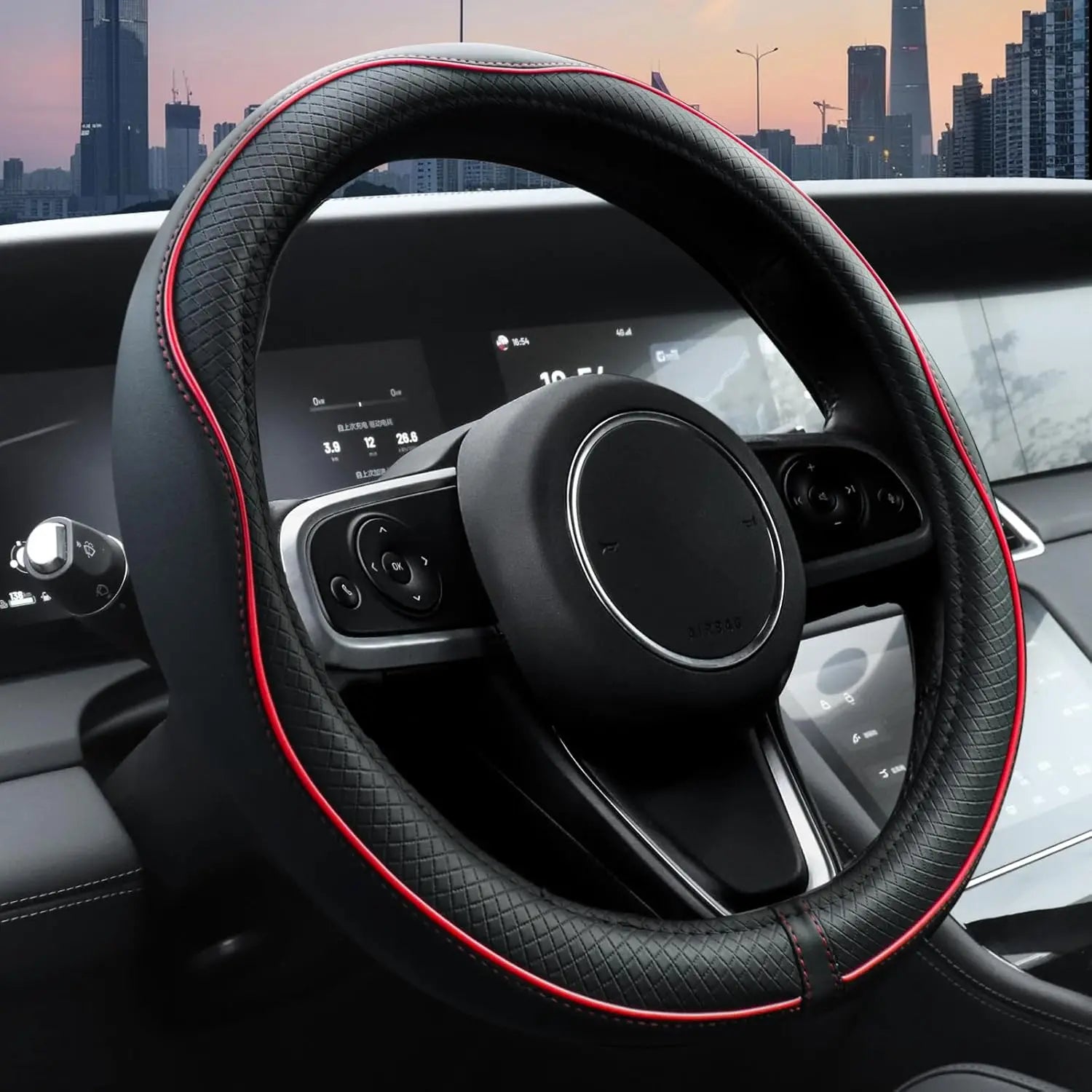 Microfiber Leather Steering Wheel Cover – Anti-Slip, Waterproof, Perfect Fit 14.5–15 Black with Red line Main_01_5d37503d-f484-440e-836d-5591815a601a