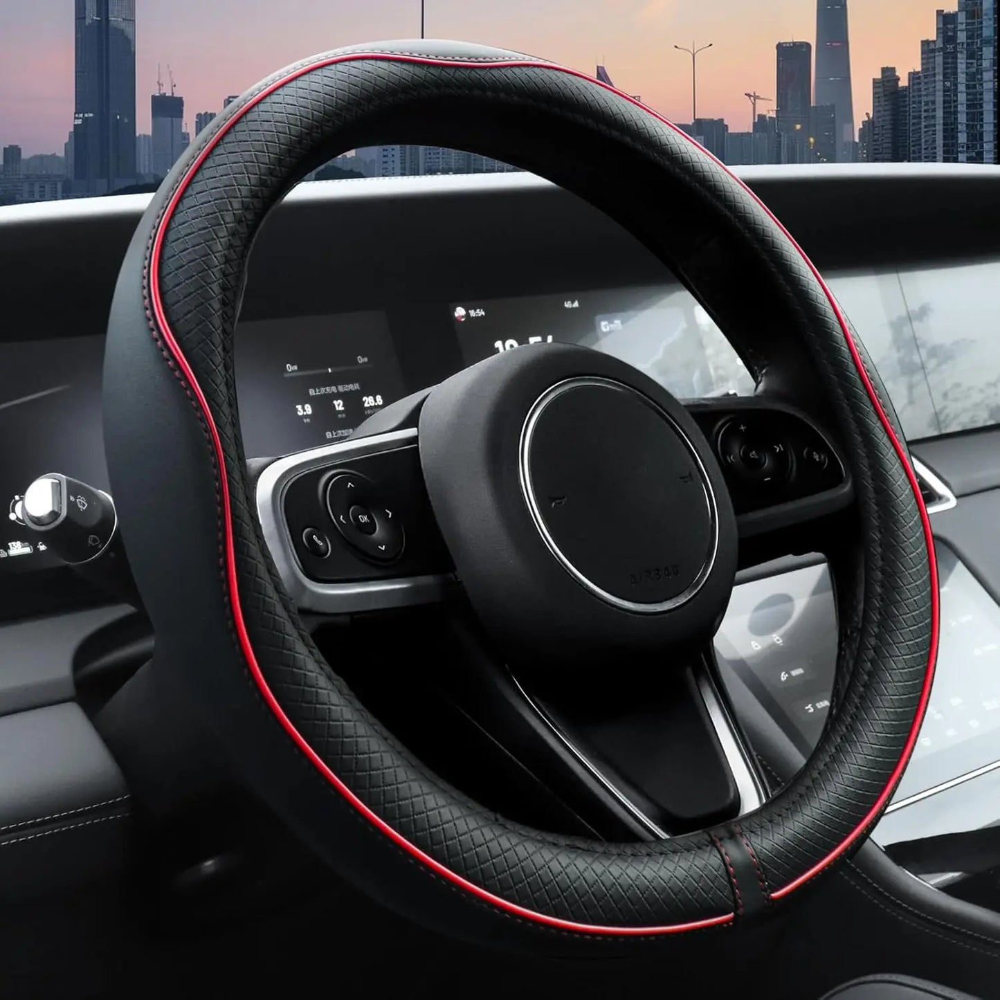 Microfiber Leather Steering Wheel Cover – Anti-Slip, Waterproof, Perfect Fit 14.5–15 Black with Red line Main_01_5d37503d-f484-440e-836d-5591815a601a
