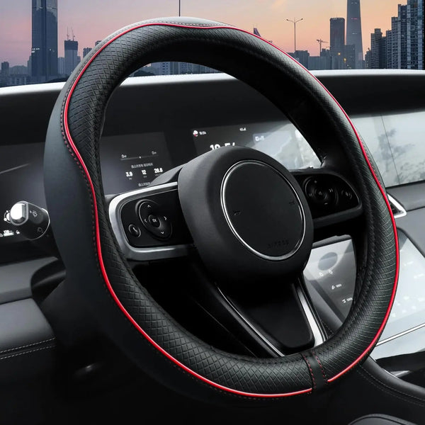 Microfiber Leather Steering Wheel Cover – Anti-Slip, Waterproof, Perfect Fit 14.5–15 Black with Red line Main_01_5d37503d-f484-440e-836d-5591815a601a
