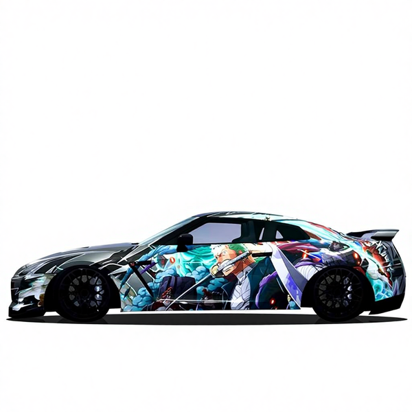 Car with a colorful graphic design on a white background