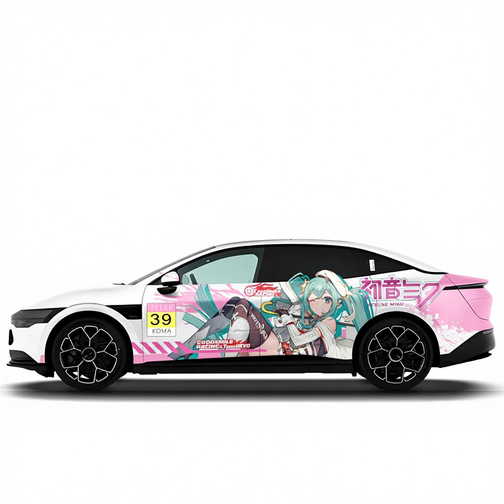 Car with anime character-themed wrap on a white background
