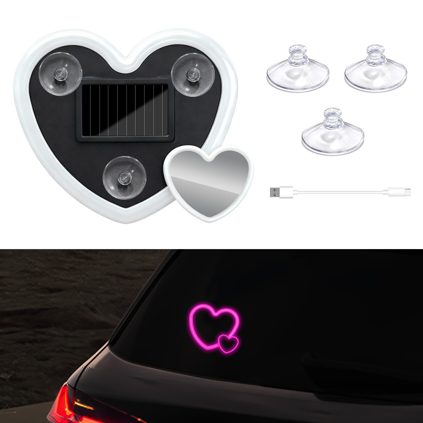 Solar-Powered Wireless Heart-Shaped LED Car Interior Neon Glow – Heart Atmosphere C-Pillar Light & Window Decoration