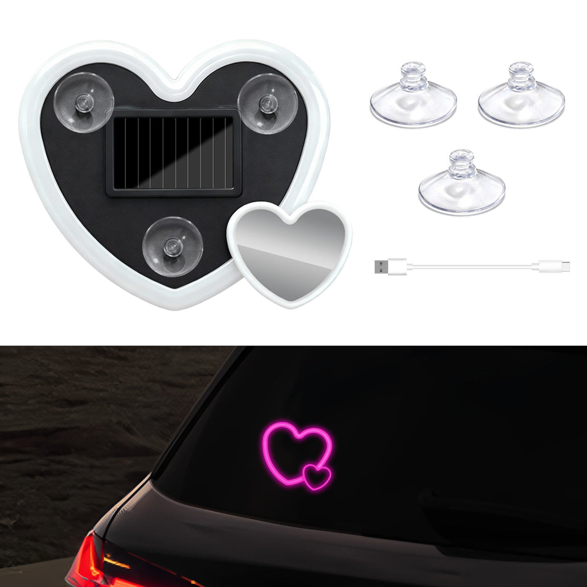 Solar-Powered Wireless Heart-Shaped LED Car Interior Neon Glow – Heart Atmosphere C-Pillar Light & Window Decoration